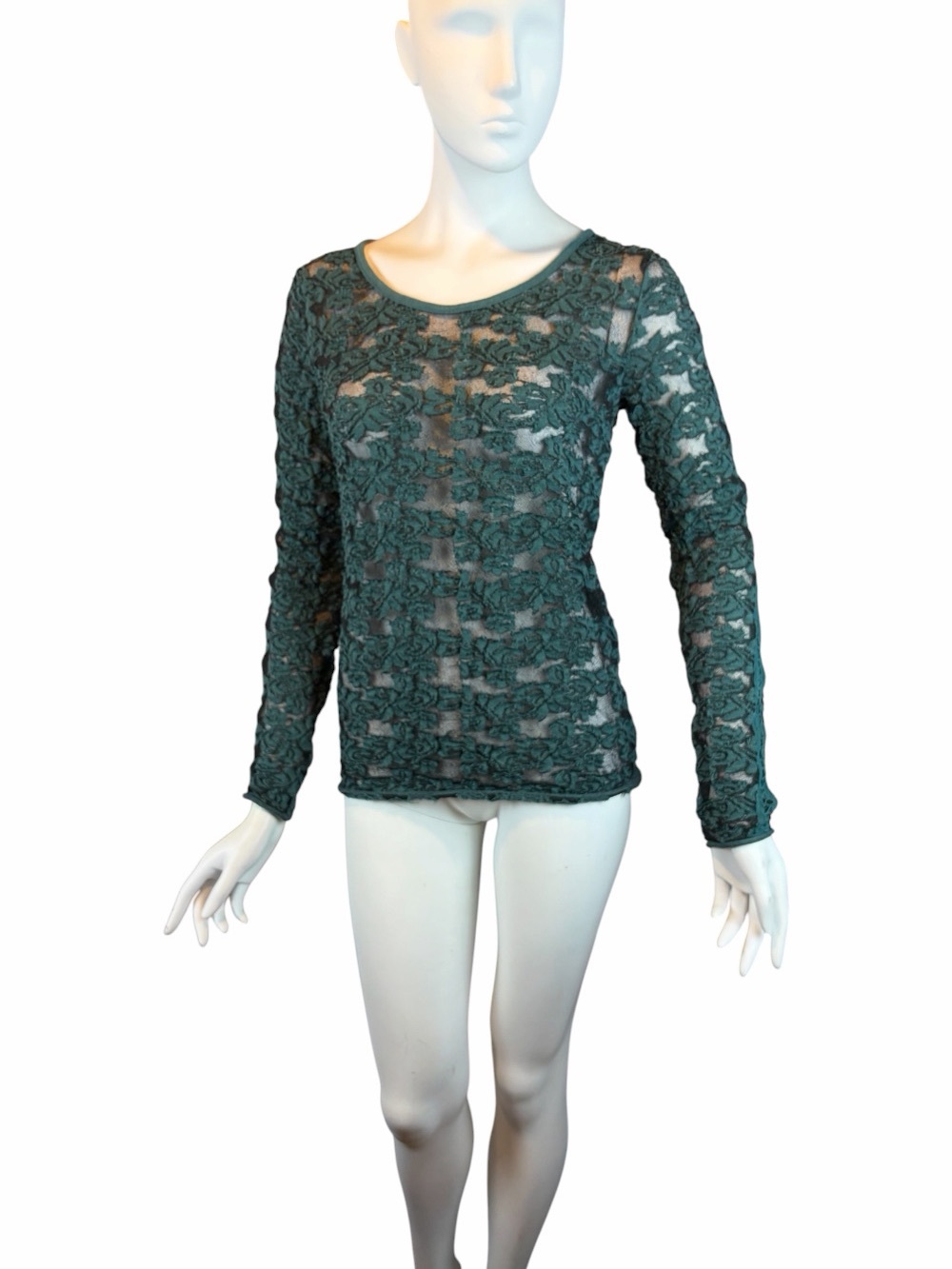 Free People Long Sleeved Top Med Sheer Burnout Deep Green Boho Semi Sheer